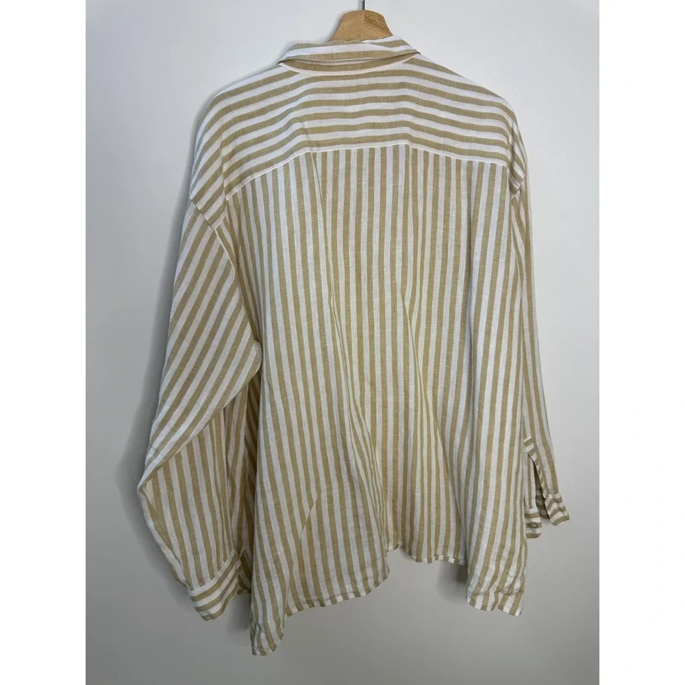 J Jill Love Linen Tan White Striped Button Up Pocket Shirt XL Lagonlook Coastal - Picture 10 of 12